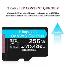 오리지널 킹스톤 캔버스 고 플러스 마이크로 SD 카드 스마트폰용 고속 4K 메모리 64GB 128GB 256GB 512GB UHS1 A2, 3.256GB