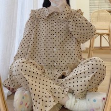 더오다 여성용 도트무늬 면 잠옷 학생 홈웨어 파자마