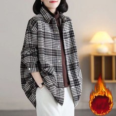 FANSYLI 여성 봄 가을 면 셔츠 고급 체크 셔츠 기모 도톰 셔츠 루즈핏 추동 재킷 X7J20