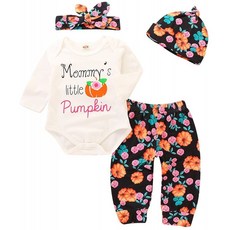 YOUNGER TREE Mommy 's Little Pumpkin Baby Halloween Romper + Floral Pants + Cap + Headband 4Pcs Outfits (White 6-12mo, 단일옵션