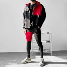 [빅사이즈] 배색 후드집업 조거 남자 트레이닝 세트 -4color ~3XL