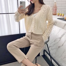 오오엘 여성용 스카시 단 미니 가디건