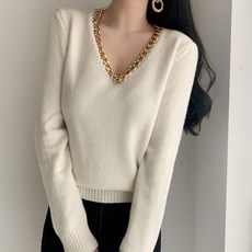 라오반 ZH1094E 패션 체인 브이넥 슬림 섹시미 폭발 니트 티셔츠 2컬러