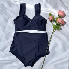 감성갤러리 러블리 리본 꼬임 셔링 하이웨스트 비키니 몸매보정 비치웨어 호캉스 E-C062, 네이비