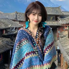 여성용 에스닉 스타일 태슬 숄 레트로 보헤미안 스타일 몽골 판초 접합 사진 소품 니트 망토 용수철 여름