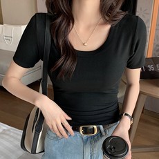 여성용 라운드넥 슬림핏 골지 니트 반팔 티셔츠
