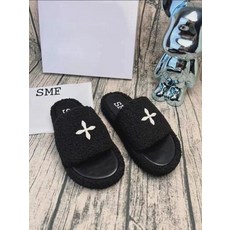 SMFK 퍼 슬리퍼 통굽 오선의 같은 블랙 퍼 십자가 플라워 스웨이드 일자 슬리퍼