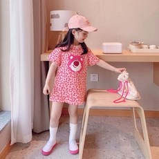 Q1051346 핑크 호피무늬 스트라이프 반팔 원피스 여아 데일리 등원룩 사은품증정