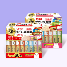  이나바 챠오 스고이 유산균 츄르 버라이어티 14g 60개입 고양이간식, 참치&가다랑어 + 참치&가다랑어&치킨 