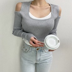 슈잼마켓 / 레이어드 골지 크롭 어깨트임 니트