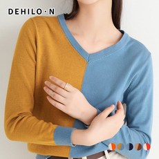데일로엔 여성용 컬러 배색 브이넥 긴팔 니트