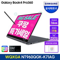 삼성전자 갤럭시북3 프로360 NT960QFG-K71AR 16인치 13세대 CPU-i7 1TB 32GB NT960QFG-K71A WIN11 Home 16GB 코어i7 그라파이트