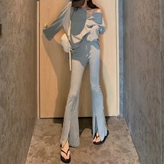 모노위크 버튼 오버핏 티셔츠 앞트임 부츠컷 팬츠 트레이닝세트