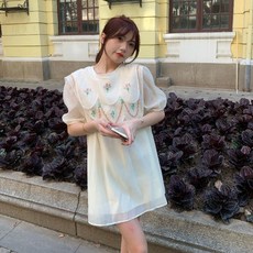 프렌치 스위트 헵번 디자인 감각 이중 플라워 스틱자수 텐셀