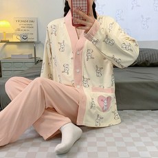 임산부 봄가을 잠옷 여수유 산후조리 캐릭터 루즈 자카드 면 홈웨어 세트