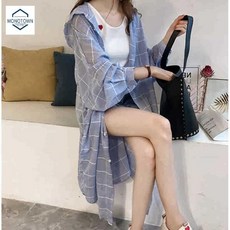 Shirts 면 트레블 후드 에어컨 롱재킷 격자 실내용 윈드브레이커 자외선 햇빛차단 봄가을 외투 재킷, 남색, 2XL 권장 140-160