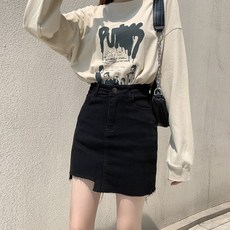 블랙 생지 데님 스커트 가을 겨울 여성 하이웨스트 얇은 A 라인 불규칙 청치마 미니