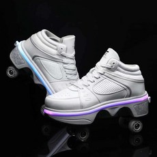 KOFUBOKE 4륜 힐리스 슈즈 변형 롤러스케이트 인비저블 휠 스니커즈 LED 개폐식 휠슈 내장, 백색
