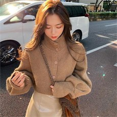 하이넥 단추 퍼프 앙고라가디건