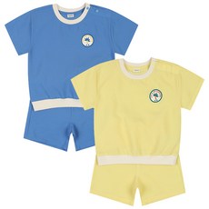 아가방 중계점 티치 4부 쿨 상하 2Color (BLUE YELLOW) *24년 여름신상* 어깨 트임 밑단 시보리 디자인 반팔티셔츠 밴딩 팬츠 상하복 세트 18개월~5세
