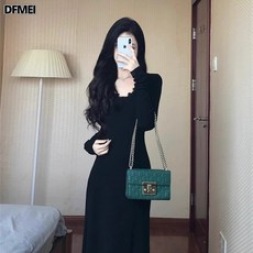 DFMEI 블랙브라운 레이스 캐리어 원피스 여성 봄철 허리 긴소매 스커트