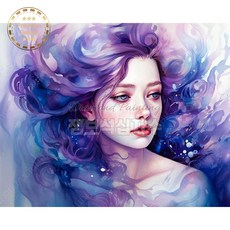  대형 보석십자수 퍼플 보라색 여인 얼굴 인물화 공예 큐빅 명화 구슬 DIY 패브릭 해바라기 사과 연꽃 공작, 110x90 cm 