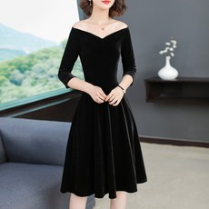 블랙 가을옷 여성 스타일리쉬 미디롱 오픈숄더 드레스 헵번 코메르츠