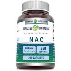 Amazing Nutrition 놀라운 포뮬러 NAC 600mg 캡슐 | N-아세틸 시스테인 보충제 비-GMO 글루텐 프리 미국산 (250 카운트(1팩) 250 카운트), 1 Count (Pack of 1), 1개, 250정