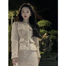 핑크 스팽글 큐빅 금장 포켓 정장 자켓 스커트 투피스 수트 세트