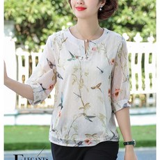나루니(NARUNI) 여성티셔츠 쉬폰티셔츠 블라우스티셔츠 얇은티셔츠 5부티셔츠 중년여성 심플한 트임넥