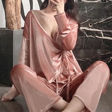 도매도매 겨울잠옷세트 봄가을 벨벳 다크 V 섹시 기모노 소녀 융털 소매 긴바지 여성 실내복 홈웨어