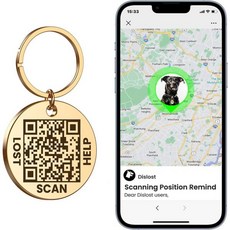 피두 QR코드 애완동물 ID 태그 강아지 트래커 온라인 프로필 스캔 QR 수신 GPS 위치 알림 이메일 앱 필요 없음 [스테인리스 스틸 골드], Gold, 골드, 1개