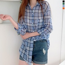 티데일리 치크 거즈 면 남방 여성용 루즈핏 여름 체크 긴팔 셔츠
