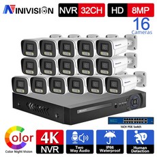 HD 32CH 4K POE NVR 키트 8MP 양방향 오디오 카메라 8MP 실내 컬러 야간 카메라 CCTV 영상 감시 보안 시스템, 없다, 유럽 연합 플러그, 32채널 NVR 16개 캠, 1개