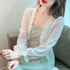 몬드스팟 여성 여름 봄 긴팔 가디건 원피스 나시 레이스 프릴 레이어드 커버업 볼레로 MO40, 화이트