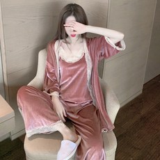 벨벳 바지 쓰리 핏아우터 개인주택 실내복 레이스 가운 여성 봄가을 가능