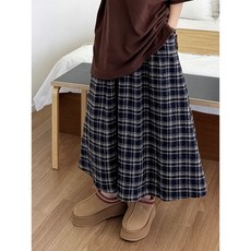 CHEOL..B [겨울기모/주름 ]포켓 밴딩 A라인 플레어 빈티지 롱 체크스커트 여성겨울치마 데일리 휘뚤마뚤