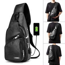 Unbranded 남성 가죽 슬링백 가슴 어깨 크로스바디 백팩 USB 충전 포트 여행