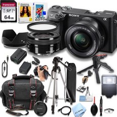 소니 a6400 미러리스 카메라 16-50mm 렌즈 64GB 메모리 필터 케이스 삼각대 플래시 등 28개 리퍼 블랙