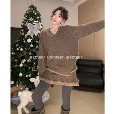 urkoteer [브이넥 스웨터 세트]여추동 루즈핏 트렌디 니트 스커트 투피스DL01-18