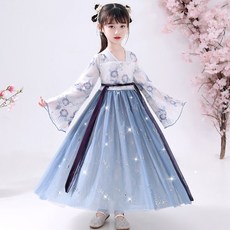 e 한 푸 여아 중국 풍 키 즈 긴팔 원피스 초 선 고 장 제 허리 저고리 치마 초등학생 고풍 우아 공연 복 별 공 160