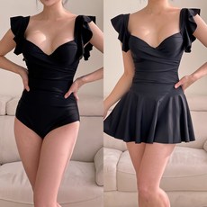  루이바이 여성 체형커버 치마 원피스 모노키니 투피스 수영복, M, 블랙 