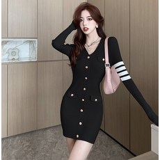 엔에스레이블 브이넥 니트 원피스 긴팔 소매 스트라이프 슬림핏 스커트