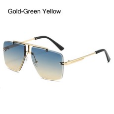 남녀공용 무테 선글라스 더블 브릿지 금속 운전 차양 UV400 스포츠 안경 새로운 패션, Gold-Green Yellow, 1개