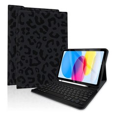  USA배송 TopPerfekt 아이패드 10세대 10인치2022 케이스 블루투스 키보드 포함분리형 충전식 자석 부착 자동 최대 절전 모드웨이크 강화 필름 2개가 있는 펜슬 홀더 블, 레오파드 블랙 