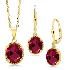 [미국] 978510 Gem Stone King 18K Yellow Gold Plated Silver Red Created Ruby Pendant Earrings Set For W