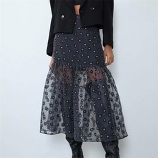 여성 오르간자 플로럴 패턴 미디 스커트 팔다스 머저 탄력 있는 허리 옆 지퍼 플라이 스타일리시한 캐주얼 A 라인 스커트