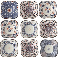 Jin Zhong Tai 세라믹 접시 세트, 9개, 패턴사쿠라+체크사쿠라+스트라이프+리본+수채화