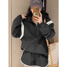 DarjinQD 여성 자외선 차단 트레이닝 후드 바람막이 투피스 반바지 세트 E851