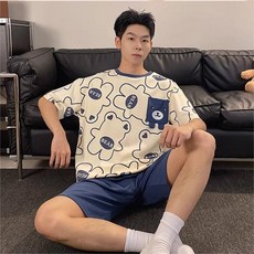 ANYOU 여름 커플 파자마 실내복 세트 남자파자마 여자파자마 반팔 반바지